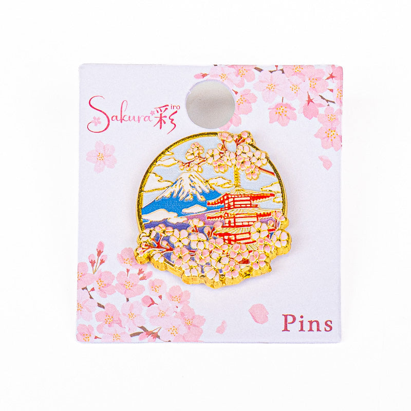 Japanese Metal Pin Badge – Pagoda Fuji & Sakura