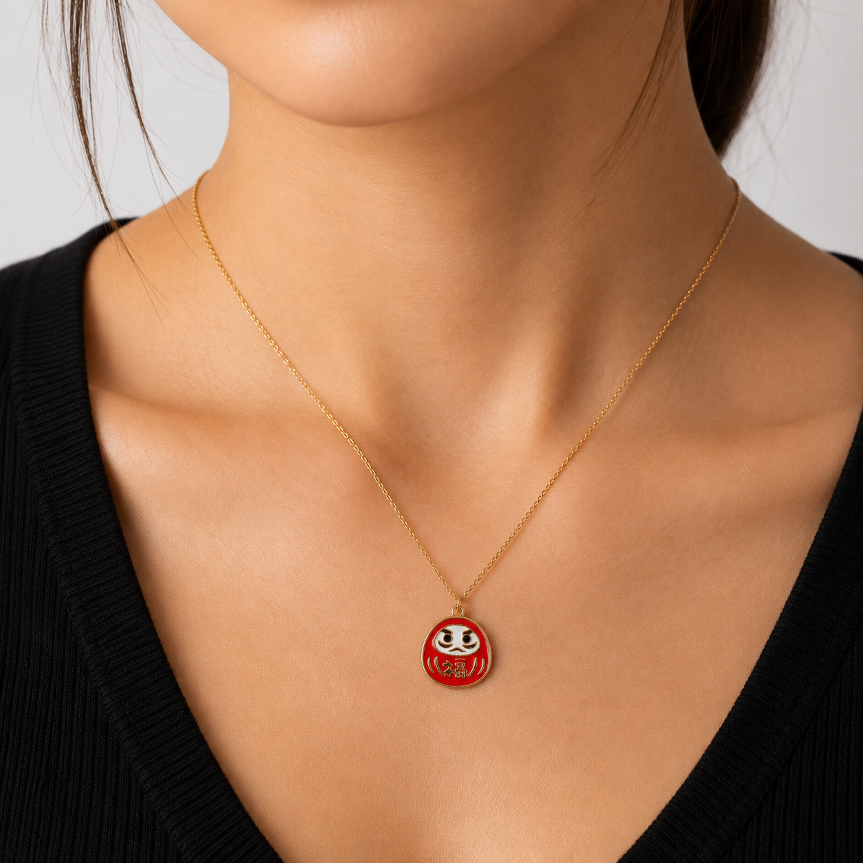 Japanese Pendant Necklace – Red Daruma with Gold-Tone Detailing