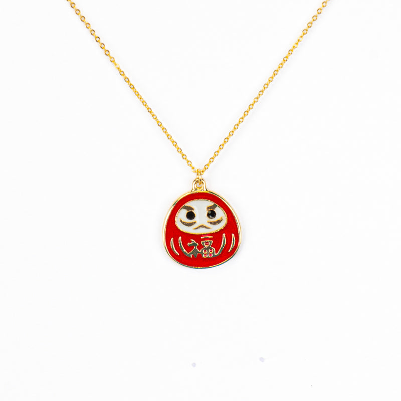 Japanese Pendant Necklace – Red Daruma with Gold-Tone Detailing