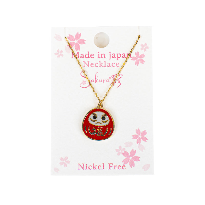 Japanese Pendant Necklace – Red Daruma with Gold-Tone Detailing