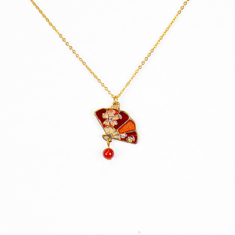 Japanese Pendant Necklace – Red Sensu Fan & Sakura Blossom