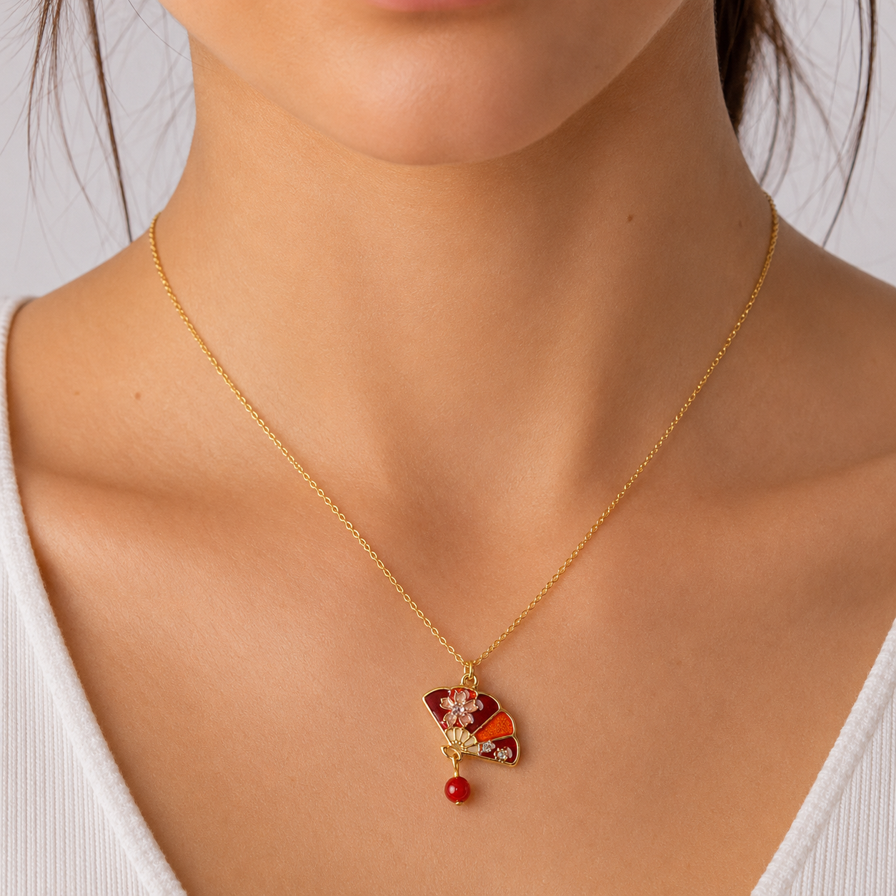Japanese Pendant Necklace – Red Sensu Fan & Sakura Blossom
