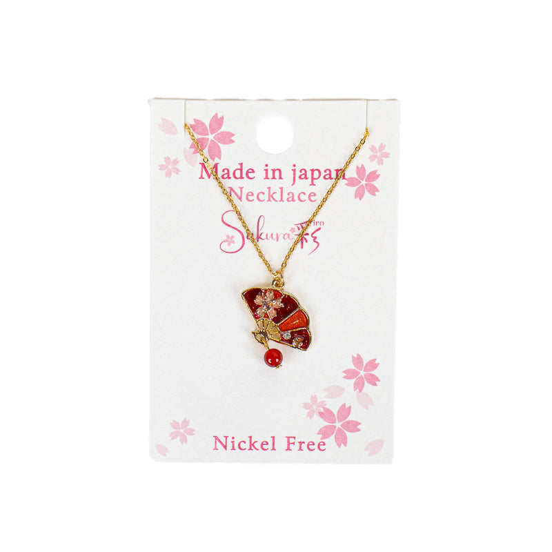 Japanese Pendant Necklace – Red Sensu Fan & Sakura Blossom