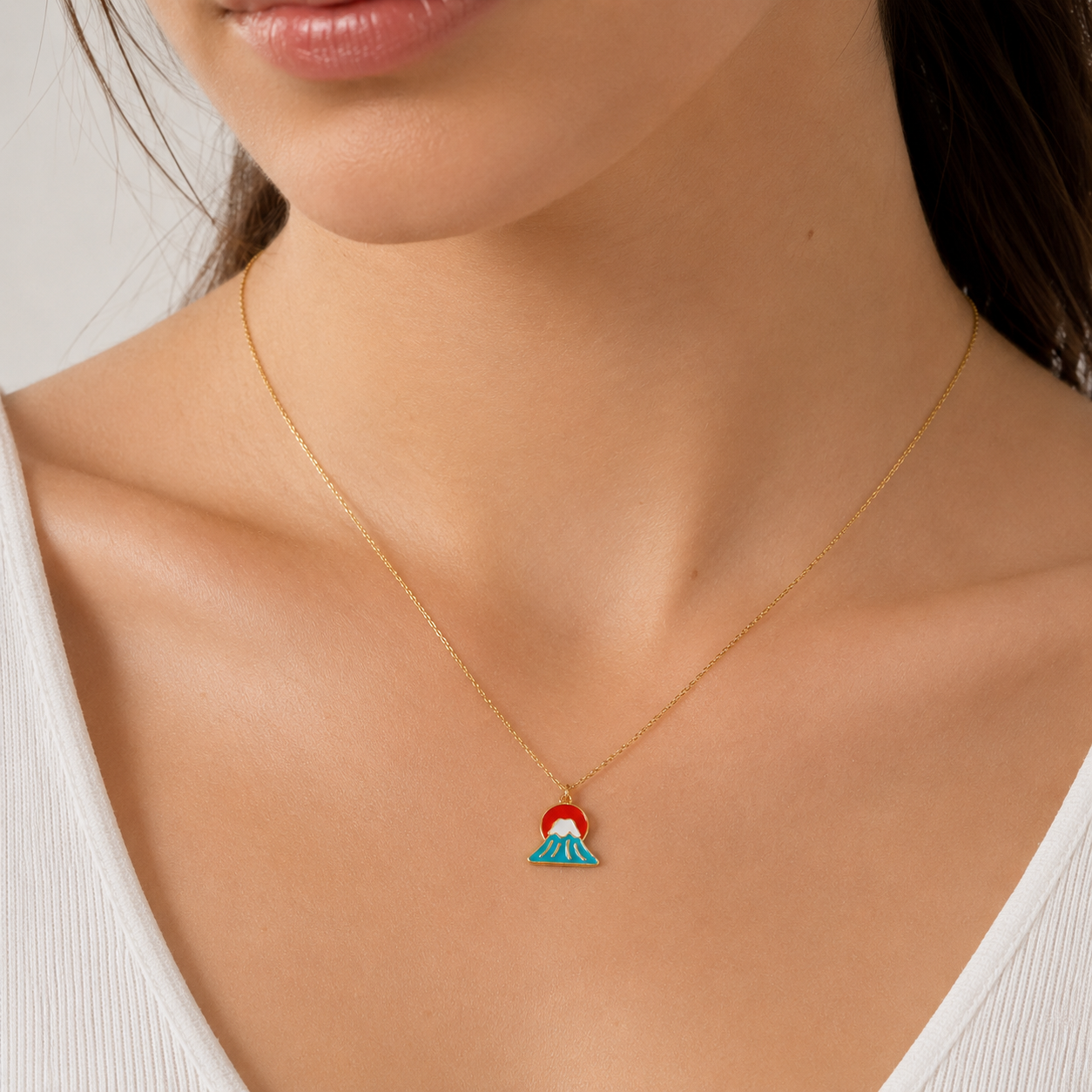 Japanese Pendant Necklace – Setting Sun Over Mount Fuji