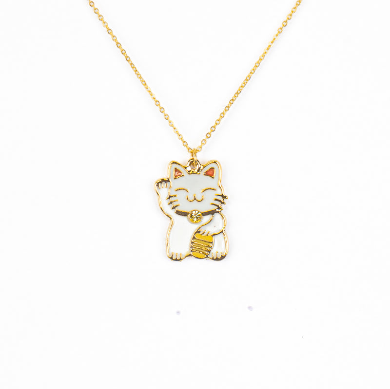 Japanese Pendant Necklace – White & Gold Maneki-Neko Lucky Cat
