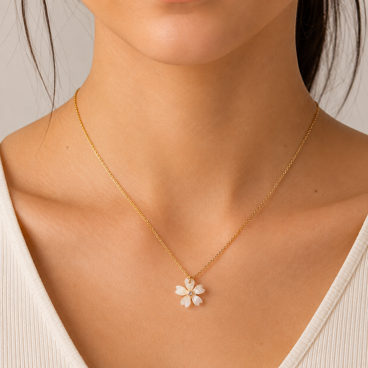 Japanese Pendant Necklace – White Sakura Blossom