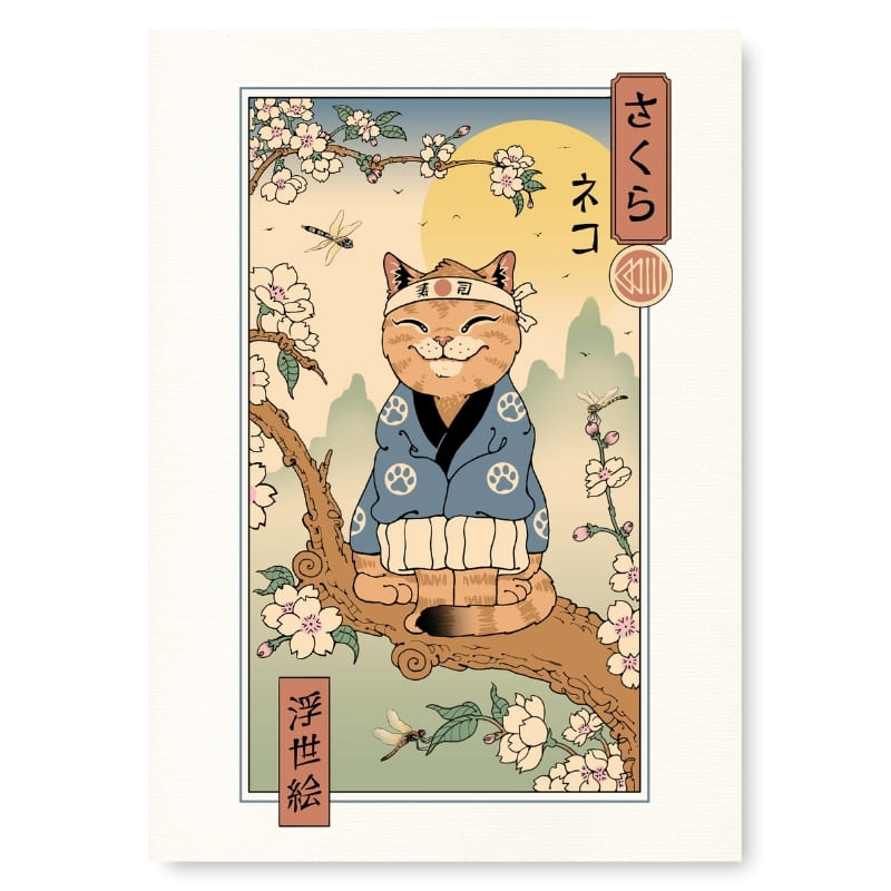 Japanese Poster - Ukiyo-e Neko Sakura A3