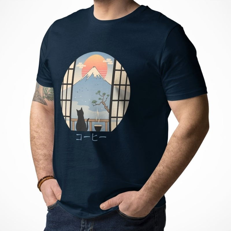 Japanese Tee Shirt - Cat & Mount Fuji