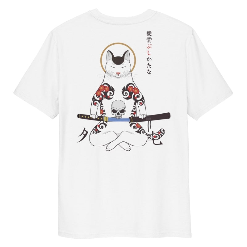 Japanese Tee Shirt - Samurai Cat S / White