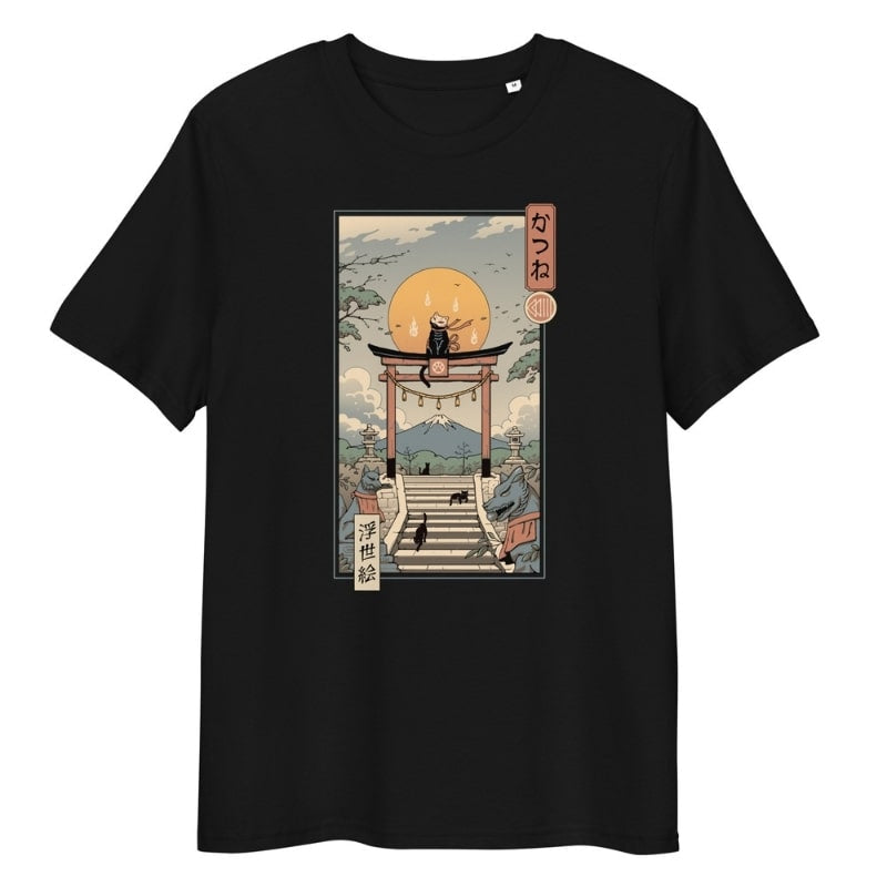 Japanese Tee Shirt - Ukiyo-e Neko Inari S / Black
