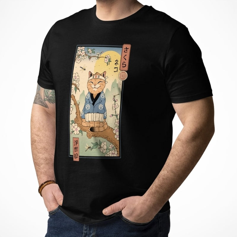Japanese Tee Shirt - Ukiyo-e Neko Sakura