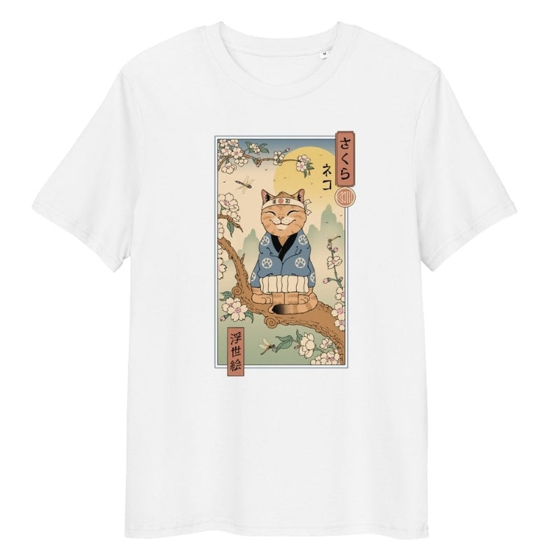 Japanese Tee Shirt - Ukiyo-e Neko Sakura S / White