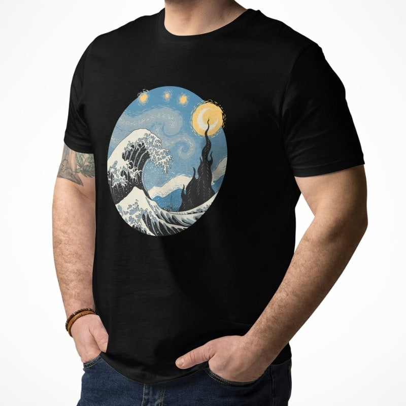 Japanese Tee Shirt - Wave & Starry Night