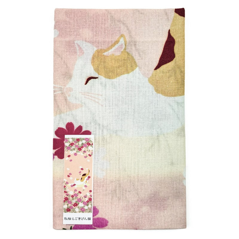 Japanese Tenugui - Cat & Flowers