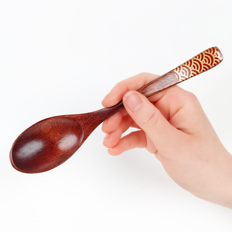 Japanese Wood Spoon - Seigaiha Red