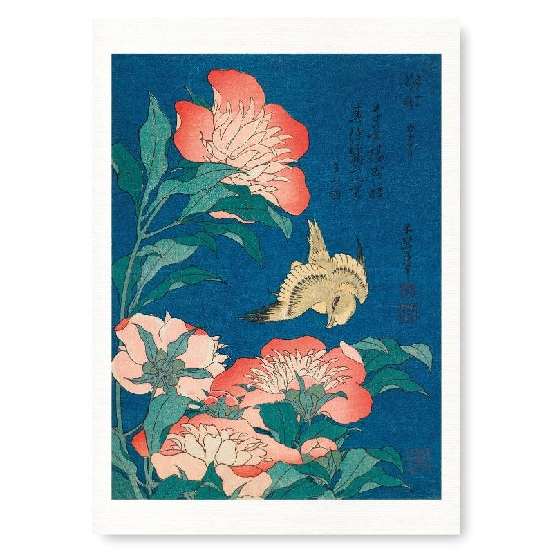 Japanese Woodblock Print - Peonies & Canary A3