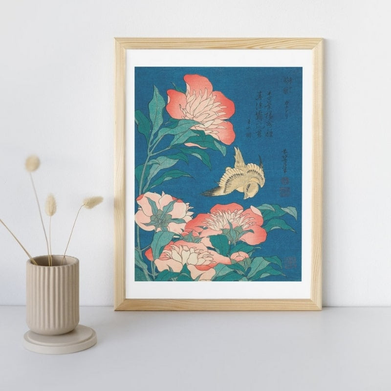 Japanese Woodblock Print - Peonies & Canary A3