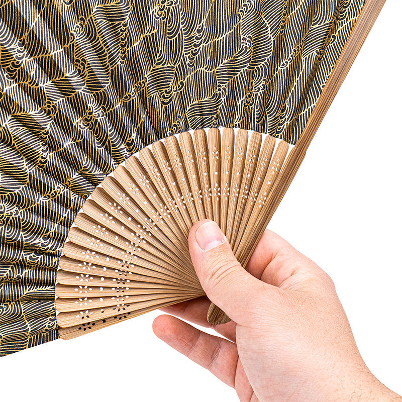 Mino Washi Japanese Fan - Black Waves