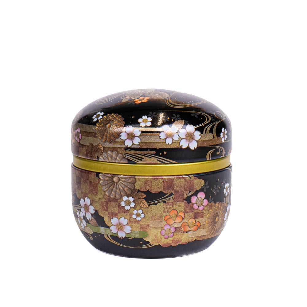 Round Japanese Metal Tea Caddy - Floral Black