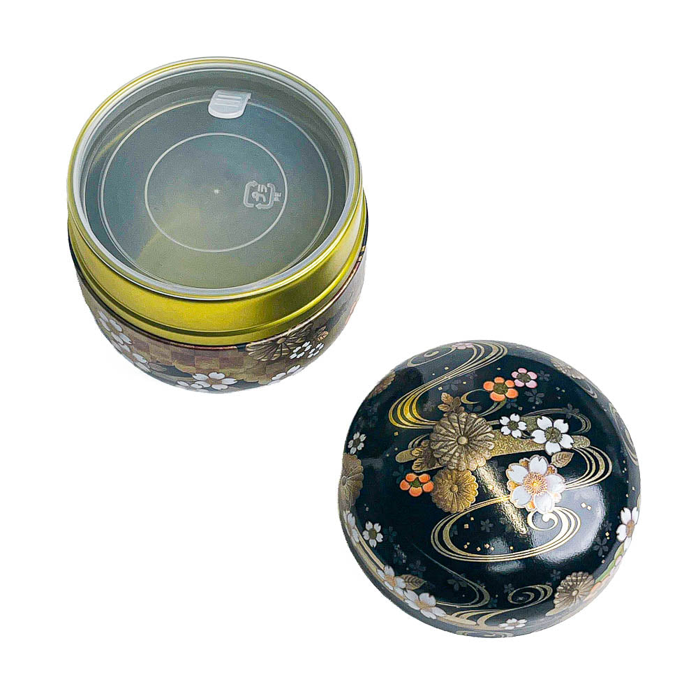 Round Japanese Metal Tea Caddy - Floral Black