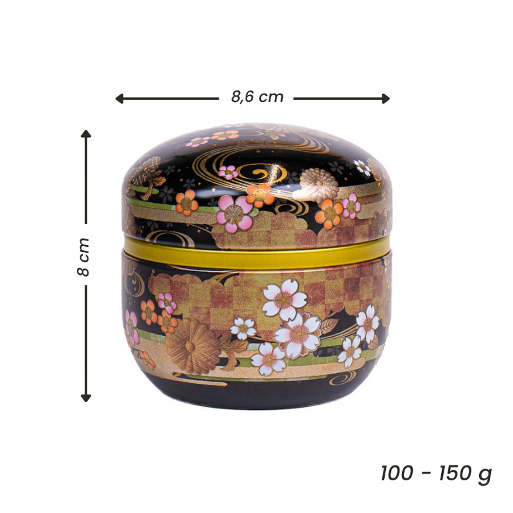 Round Japanese Metal Tea Caddy - Floral Black