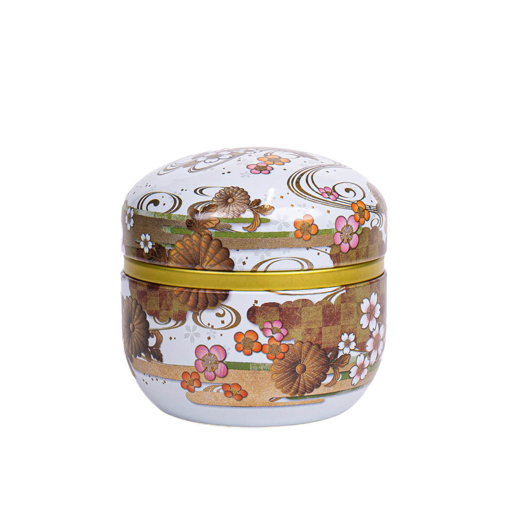 Round Japanese Metal Tea Caddy - Floral White