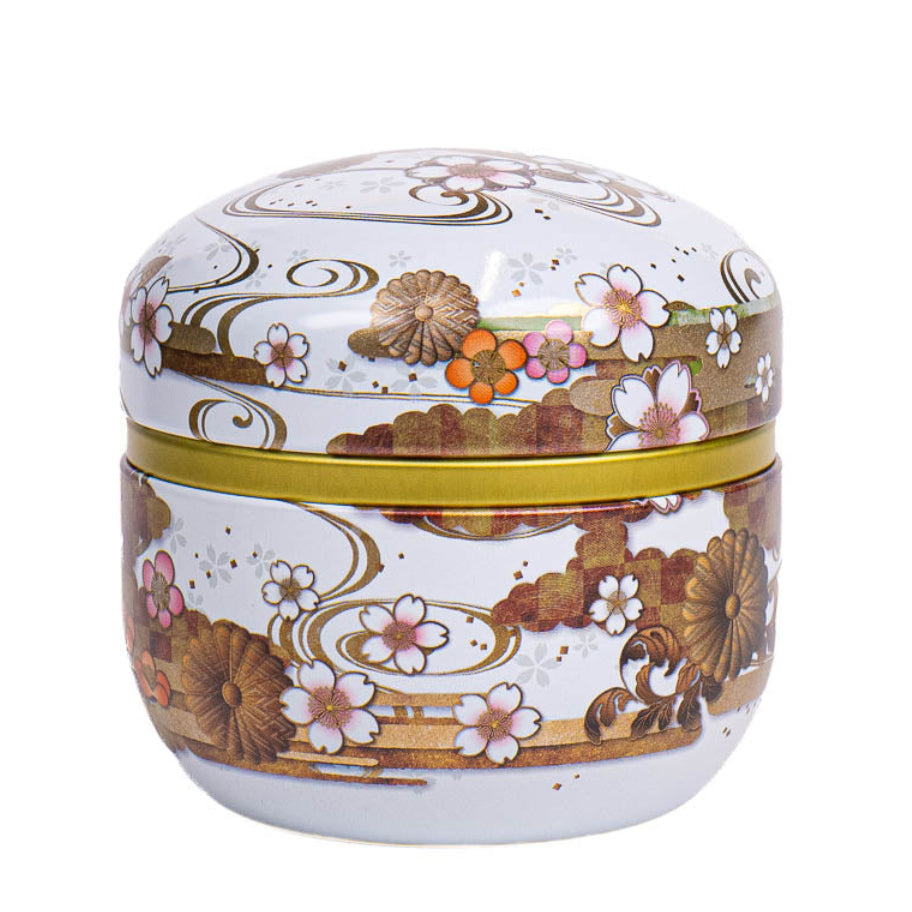 Round Japanese Metal Tea Caddy - Floral White
