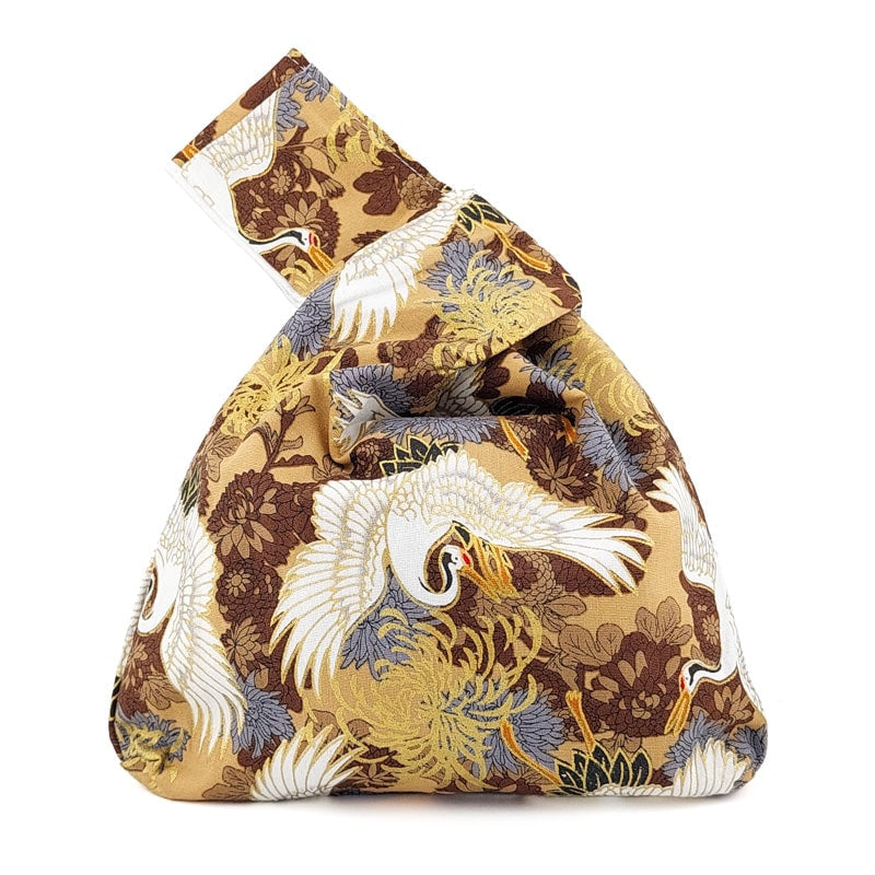 Gold Crane Print Japanese Bag