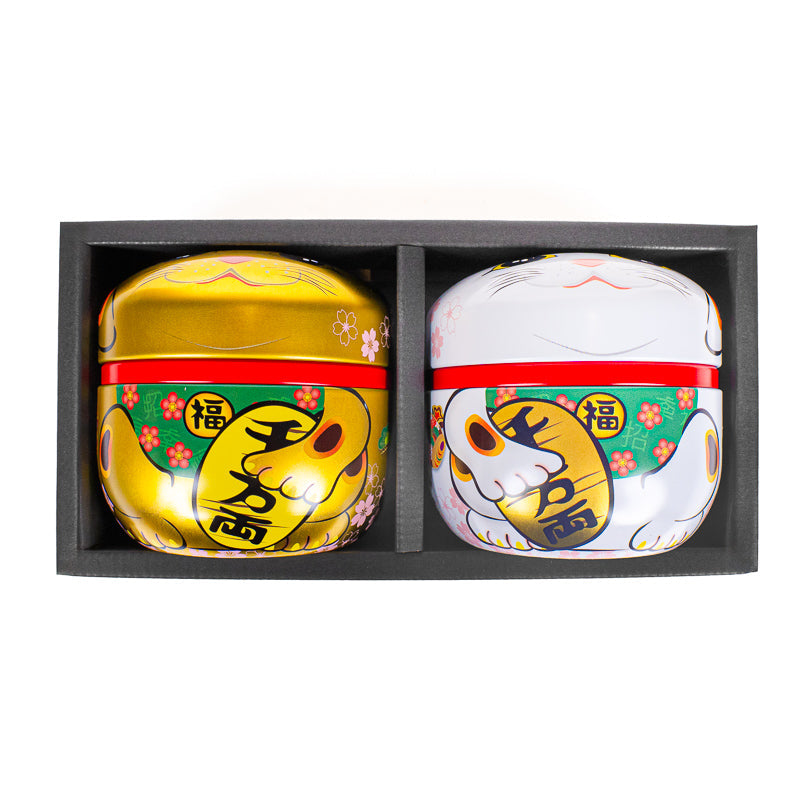 Set of Two Metal Tea Caddies - Maneki Neko