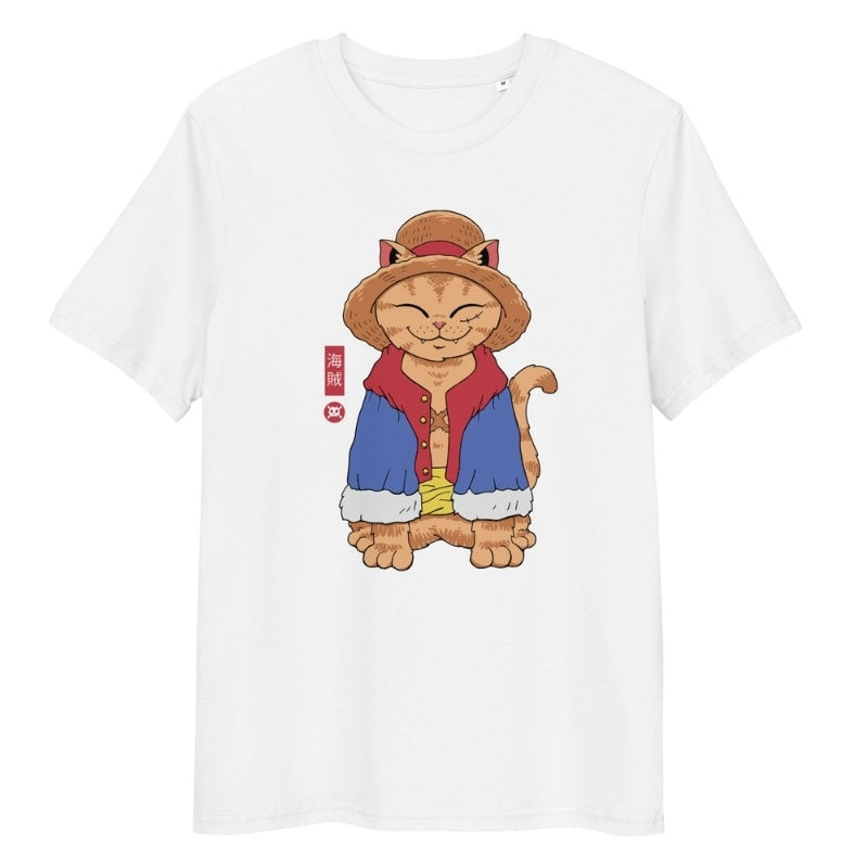 Japanese Neko Straw Hat T-shirt - S / White