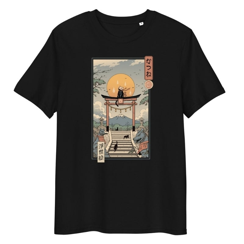 Japanese Ukiyo-e Neko Inari T-shirt - S / Black