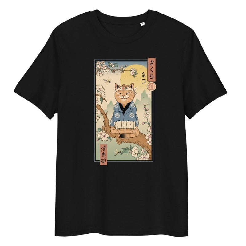 Japanese Ukiyo-e Neko Sakura T-shirt - S / Black