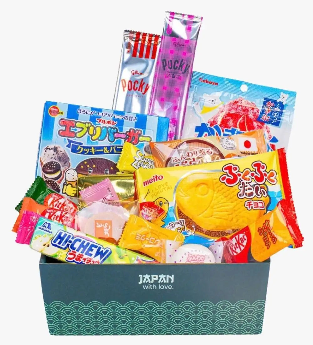 A vibrant assortment of japanese snacks in colorful packaging, including pocky sticks and a yellow fish-shaped chocolate bar.