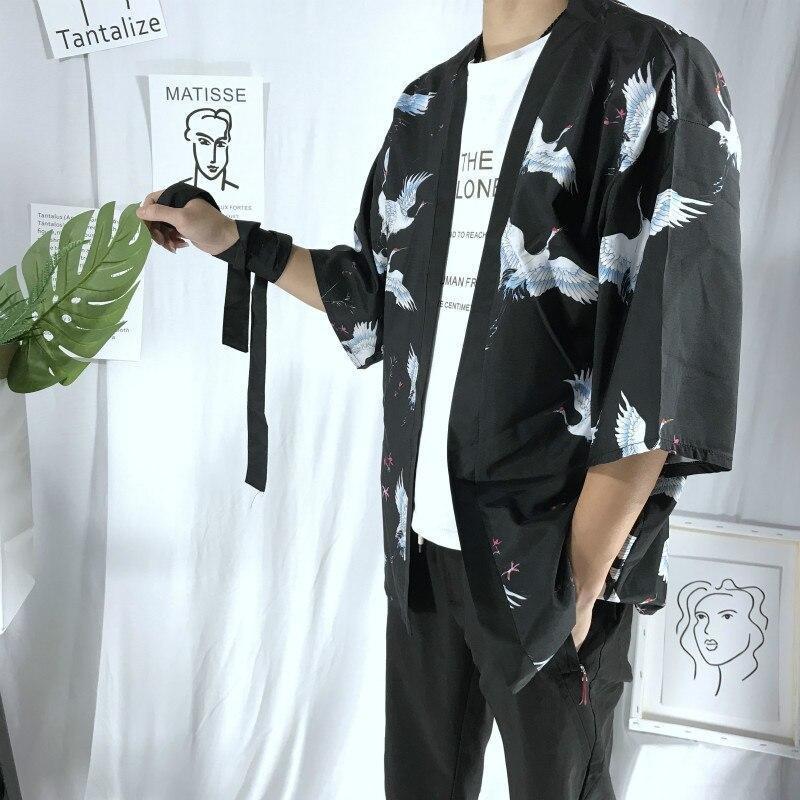 Black Crane Kimono Jacket for Men One Size