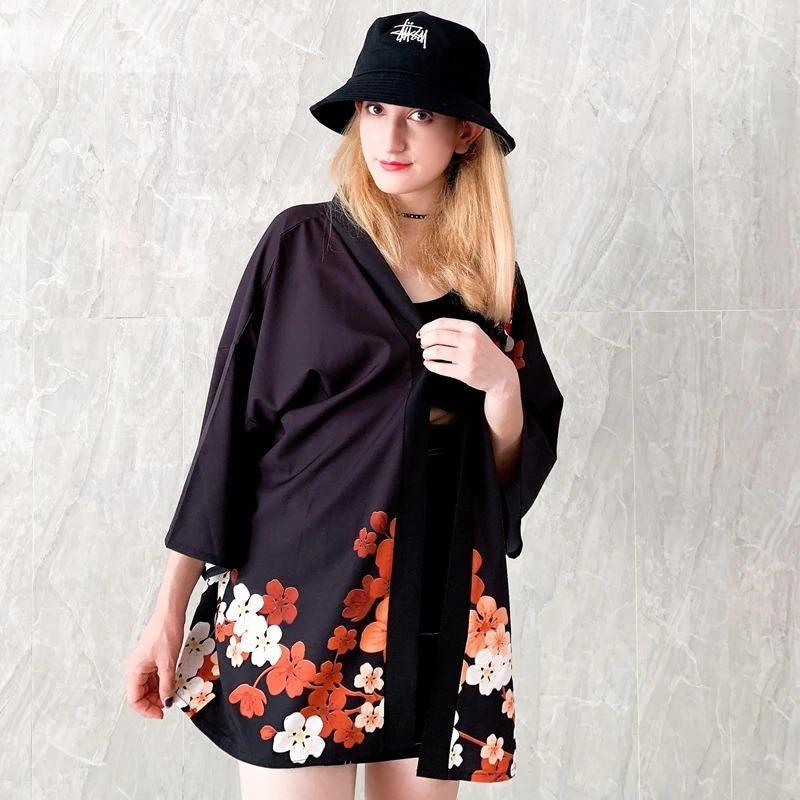 Black dress 2024 with kimono cardigan