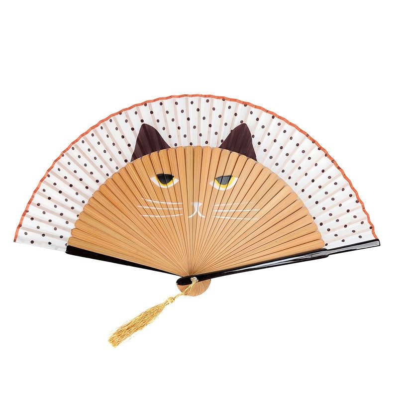 Cat Face Japanese Fan - Beige