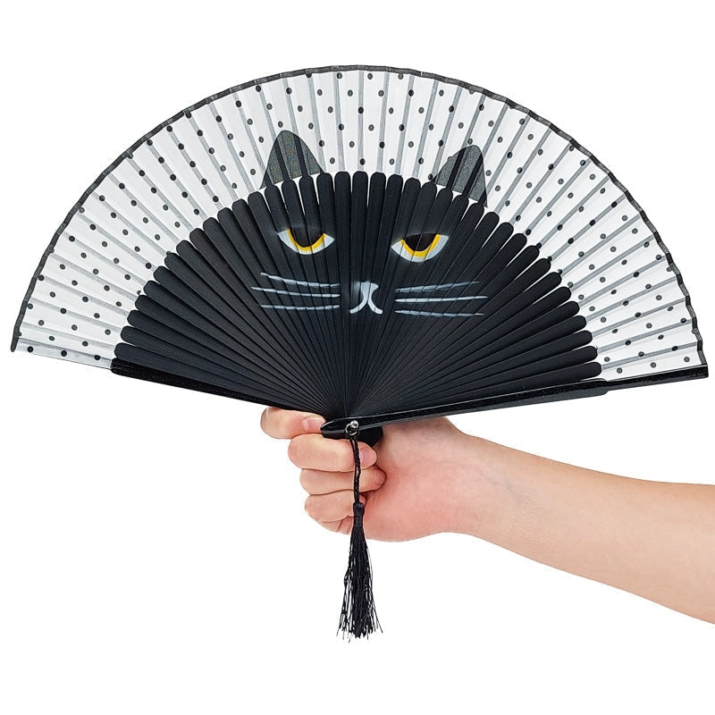 Cat Face Japanese Fan - Black