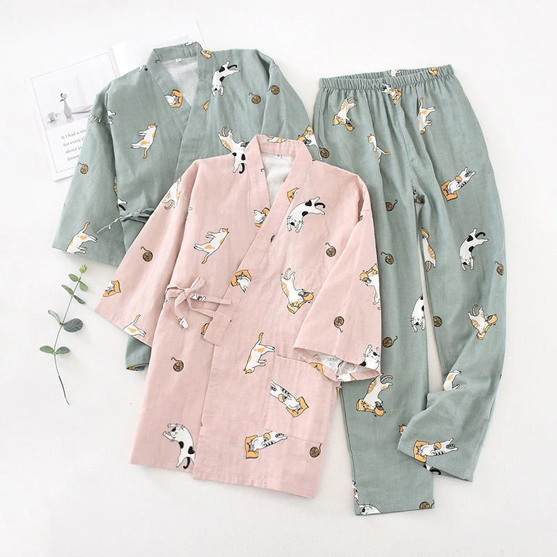 Cat Print Cotton Jinbei