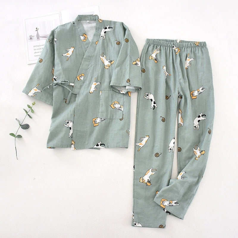 Cat Print Cotton Jinbei Green / M