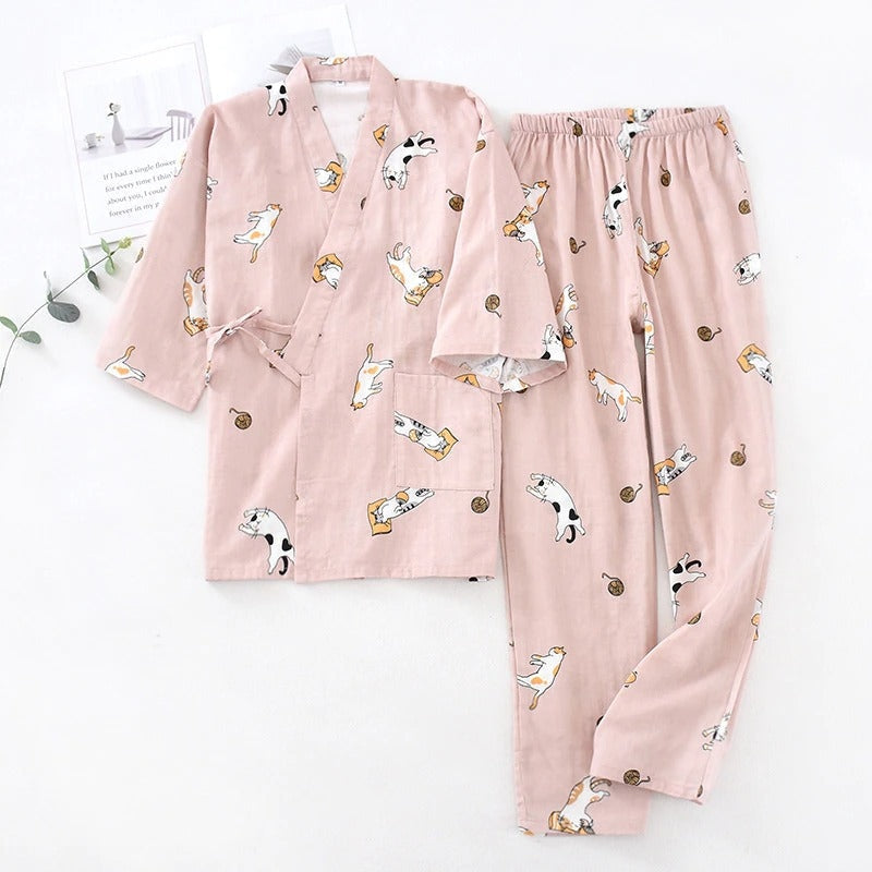 Cat Print Cotton Jinbei Pink / M