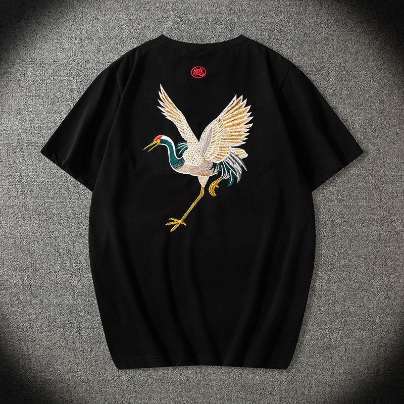 Embroidered Japanese Crane T-Shirt Black / M