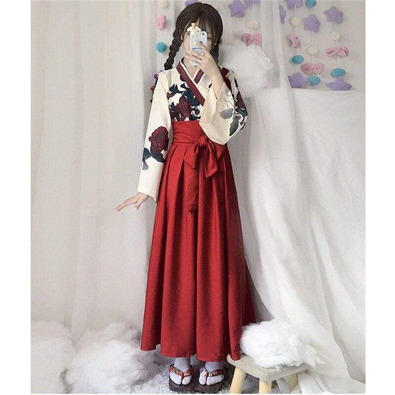 Japanese Red Kimono Dress - Woman Long Skirt / S