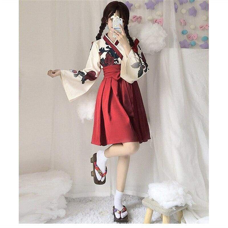 Japanese Red Kimono Dress - Woman Short Skirt / S