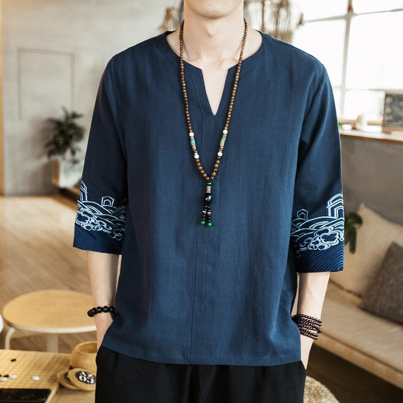 Men Loose Shirt Japanese Style Long Sleeve Floral Print Casual Tops Oversize