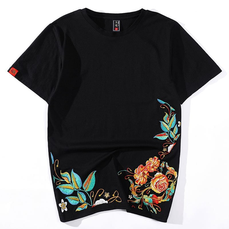Japanese T-Shirt Flower Embroidery Black / M