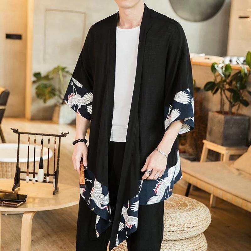 Kimono Crane Long Cardigan for Men M