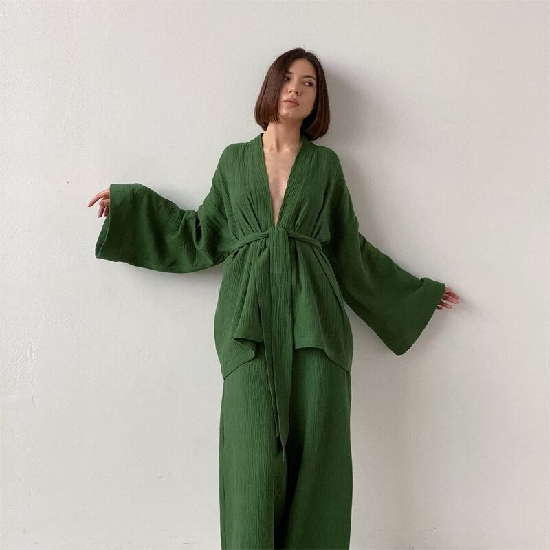 Kimono Pajama Set for Women Green / S