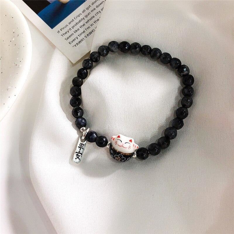 Maneki Neko Bracelet - Beads Black