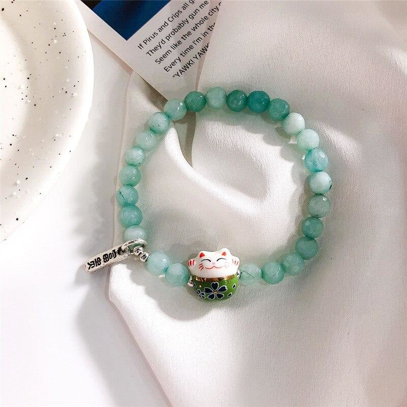 Maneki Neko Bracelet - Beads Green