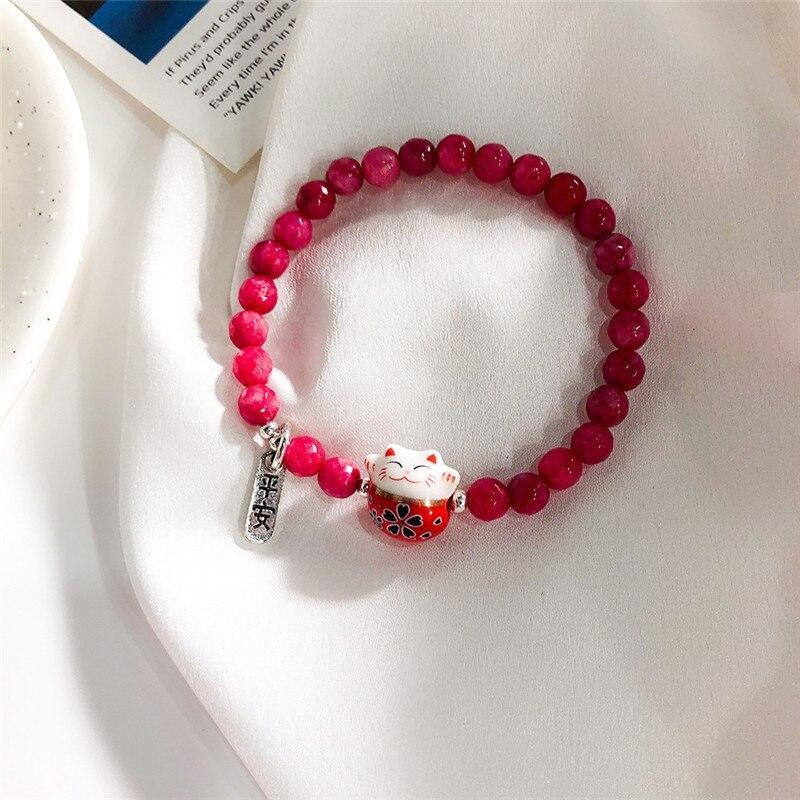 Maneki Neko Bracelet - Beads Red